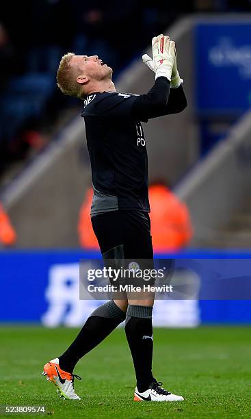 Kasper Schmeichel of Leicester City celebrates during the Barclays Premier League match between Leicester City and Swansea City at The King Power...