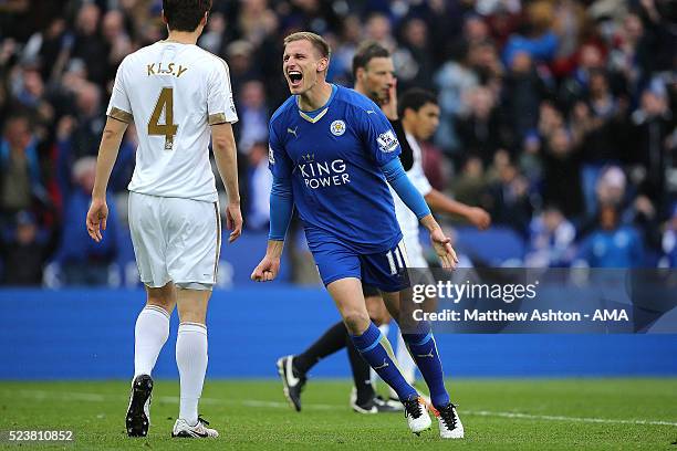 Marc Albrighton of Leicester City celebrates scoring a goal to make the score 4-0 during the Barclays Premier League match between Leicester City and...