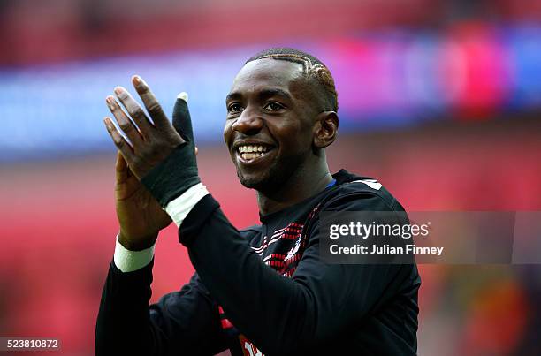 Yannick Bolasie of Crystal Palace celebrates victory after during The Emirates FA Cup semi final match between Watford and Crystal Palace at Wembley...