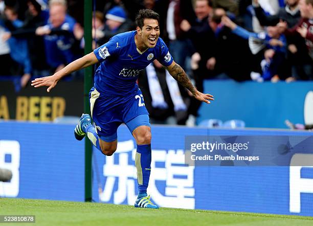 Leonardo Ulloa of Leicester City celebrates after scoring to make it 3-0 during the Barclays Premier League match between Leicester City and Swansea...