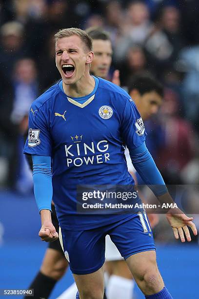 Marc Albrighton of Leicester City celebrates scoring a goal to make the score 4-0 during the Barclays Premier League match between Leicester City and...