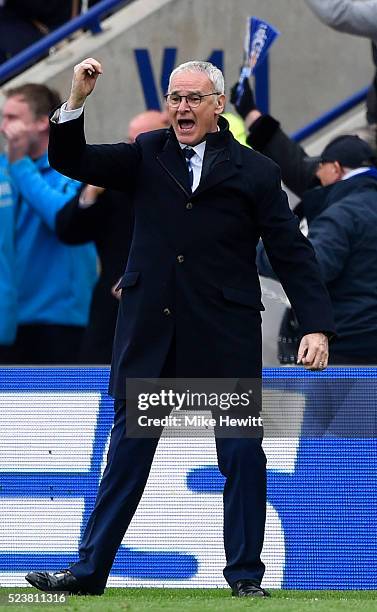 Claudio Ranieri manager of Leicester City celebrates during the Barclays Premier League match between Leicester City and Swansea City at The King...