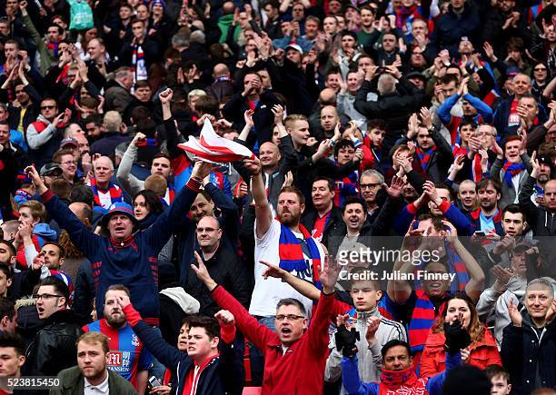 Crystal Palace fans celebrate victory after The Emirates FA Cup semi final match between Watford and Crystal Palace at Wembley Stadium on April 24,...