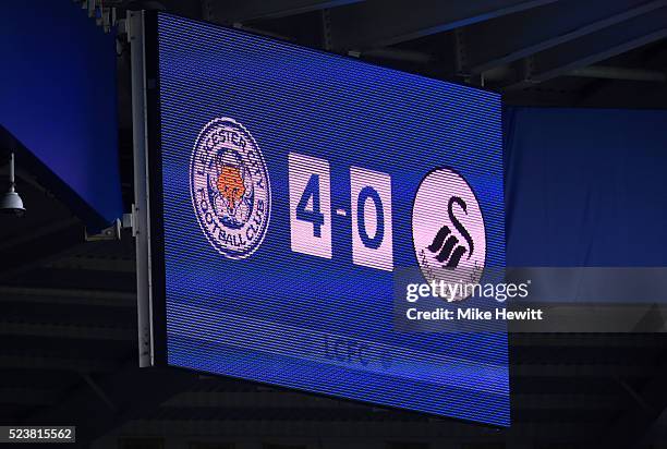 The scoreboard shows the final score after the Barclays Premier League match between Leicester City and Swansea City at The King Power Stadium on...