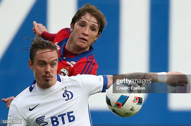 Rio Fernandes of PFC CSKA Moscow challenged by Andrey Yeshchenko of FC Dinamo Moscow during the Russian Premier League match between PFC CSKA Moscow...