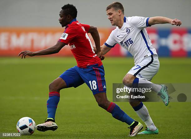 Ahmed Musa of PFC CSKA Moscow challenged by Igor Denisov of FC Dinamo Moscow during the Russian Premier League match between PFC CSKA Moscow and FC...