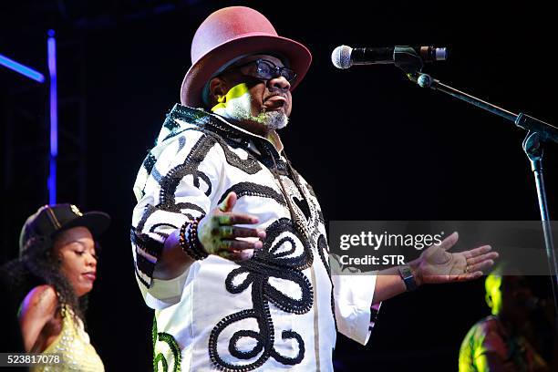 Congolese music star Papa Wemba performs during the Femua music festival in Abidjan on April 24, 2016 before collapsing on stage. The flamboyant...