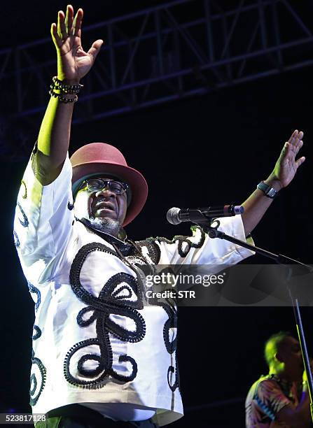 Congolese music star Papa Wemba performs during the Femua music festival in Abidjan on April 24, 2016 before collapsing on stage. The flamboyant...