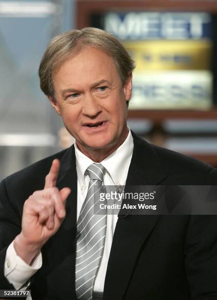 Senator Lincoln Chafee gestures as he speaks on NBC's 'Meet the Press' during a taping at the NBC studios March 13, 2005 in Washington, DC. Chafee...