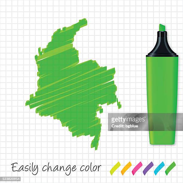 colombia map hand drawn on grid paper, green highlighter - colombia pattern stock illustrations