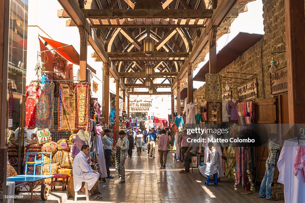 Textile souk crowded with people, Bur Dubai, UAE