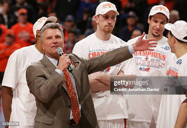 Head coach Bruce Weber of the Illinois Fighting Illini addresses the fans after Illinois won the Big Ten Conference Tournament Championship 54-43...
