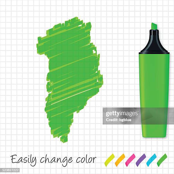 greenland map hand drawn on grid paper, green highlighter - greenland map vector stock illustrations