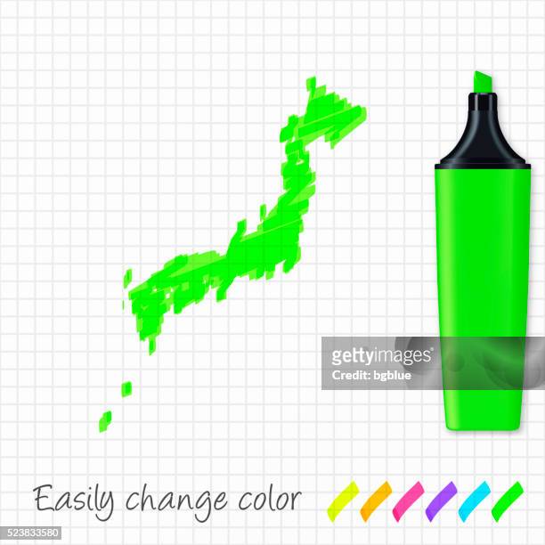 japan map hand drawn on grid paper, green highlighter - sea of japan or east sea stock illustrations