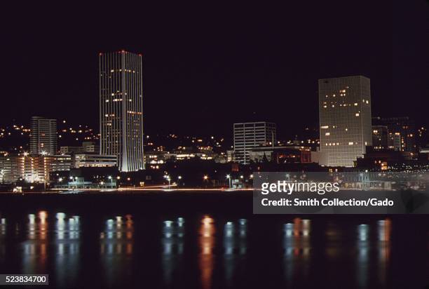 Downtown core area of Portland, after 7pm on November 2 1973, during the state's energy crisis with few commercial and neon lighting displays. This...