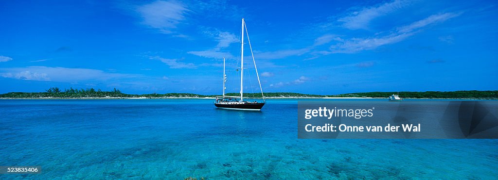 Sailboat near Exuma Islands in Bahamas