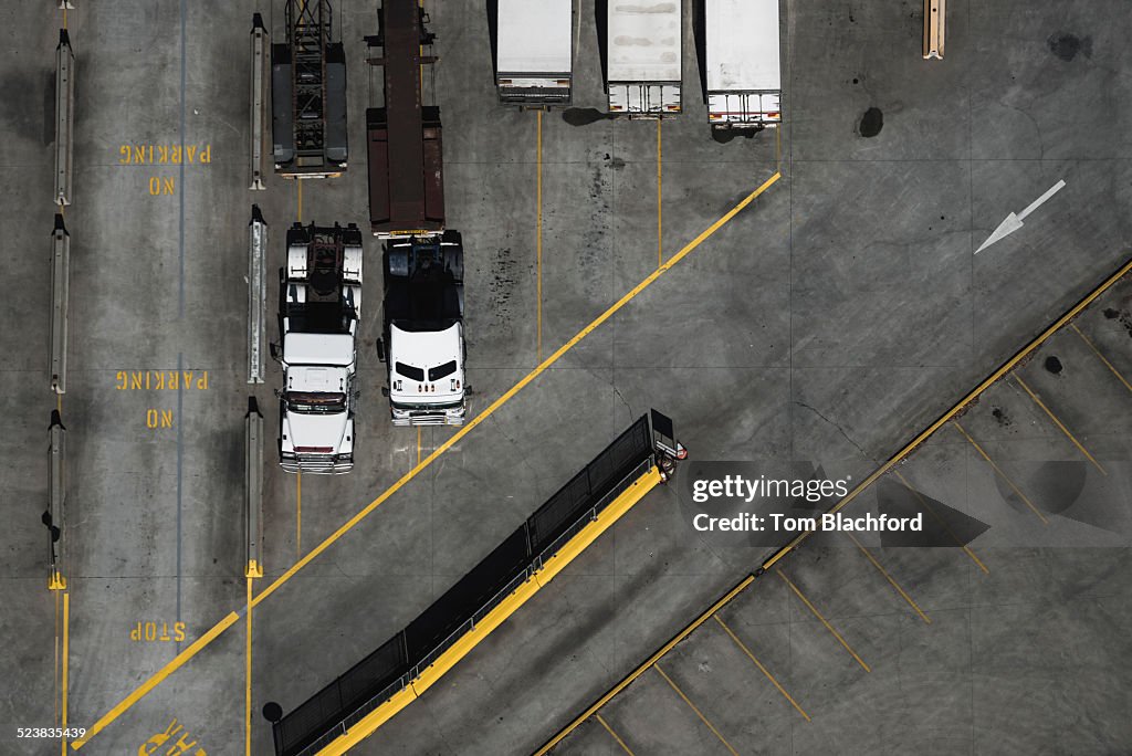 Aerial view of parked trucks, Port Melbourne, Melbourne, Victoria, Australia