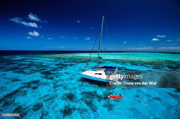 catamaran along a caribbean reef - belize stock-fotos und bilder
