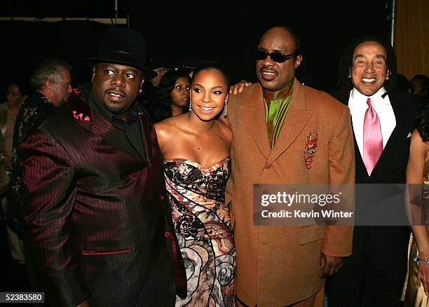 Host Cedric the Entertainer and musicians Ashanti, Stevie Wonder, and Smokey Robinson attend the 2005 TV Land Awards at Barker Hangar on March 13,...