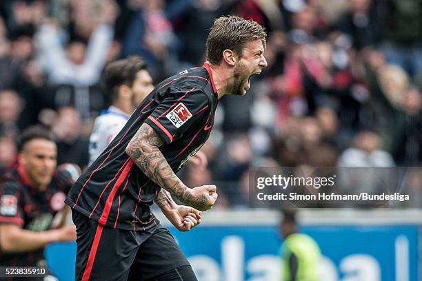 Marco Russ of Frankfurt celebrates his team's first goal during the Bundesliga match between Eintracht Frankfurt and 1. FSV Mainz 05 at...