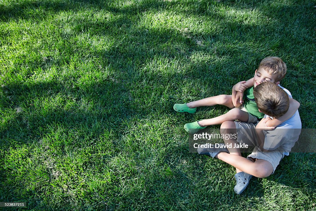 High angle view of two brothers with arms around each other in garden