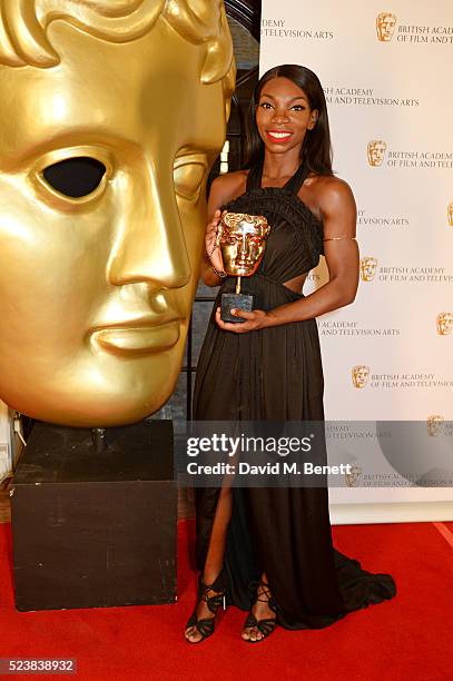 Michaela Coel, winner of the Breakthrough Talent award for "Chewing Gum", poses in the winners room at the British Academy Television Craft Awards at...