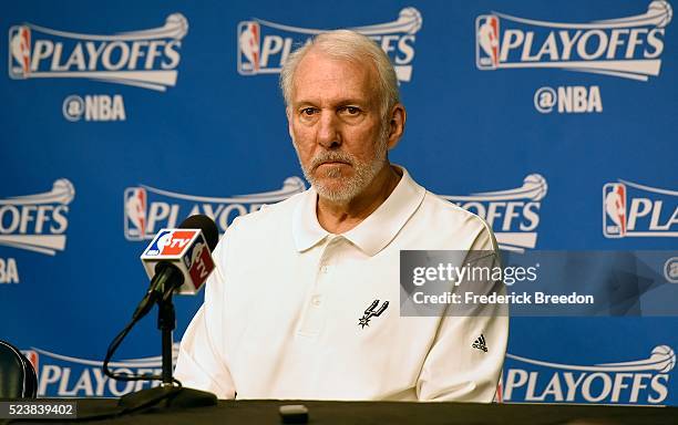 Head coach Gregg Popovich of the San Antonio Spurs waits for media to ask questions prior to Game Four of the First Round of the NBA Playoffs at...