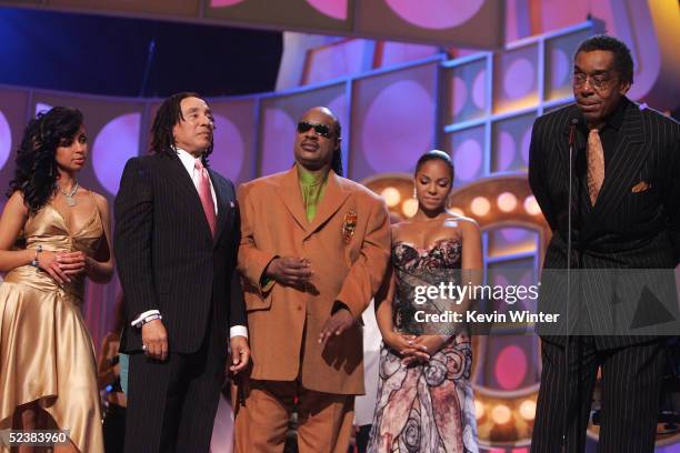 Producer Don Cornelius accepts the "Discretionary Award - Pop Culture" with Mya, Smokey Robeinson, Stevie Wonder and Ashanti on stage the 2005 TV...