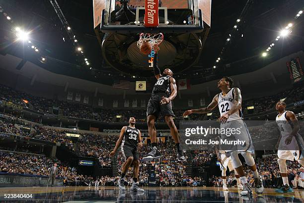 David West of the San Antonio Spurs dunks against the Memphis Grizzlies in Game Four of the Western Conference Quarterfinals during the 2016 NBA...