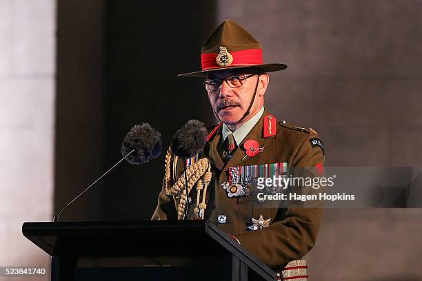 Governor-General Sir Jerry Mateparae speaks during Dawn Service at Pukeahu National War Memorial Park on April 25, 2016 in Wellington, New Zealand....