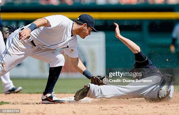 Second baseman Ian Kinsler of the Detroit Tigers hangs on to the ball to tag out Tyler Naquin of the Cleveland Indians trying to steal second base...