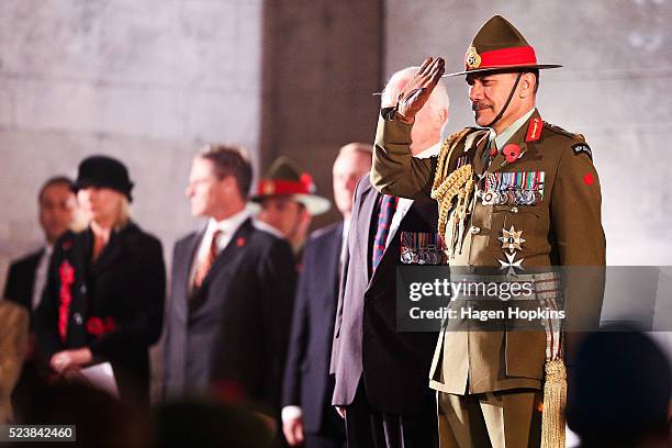 Governor-General Sir Jerry Mateparae salutes during Dawn Service at Pukeahu National War Memorial Park on April 25, 2016 in Wellington, New Zealand....