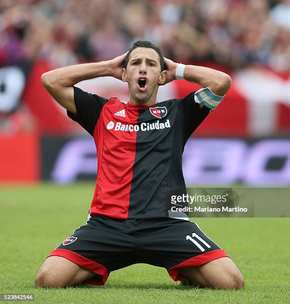 Maximiliano Rodriguez reacts after missing a chance to score during a match between Newell's Old Boys and Rosario Central as part of round 12 of...