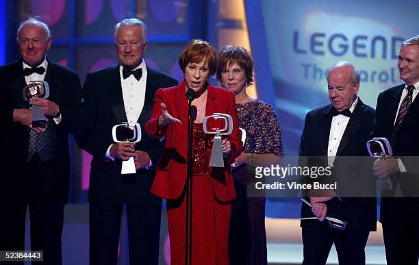 Actors Harvey Korman, Lyle Waggoner, Tim Conway, Vicki Lawrence, Carol Burnett, and Designer Bob Mackie accept the Legend Award for "The Carol...
