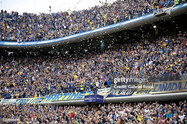 Fans of Boca Juniors cheer for their team before a match between Boca Juniors and River Plate as part of Torneo Transicion 2016 at Alberto J. Armando...