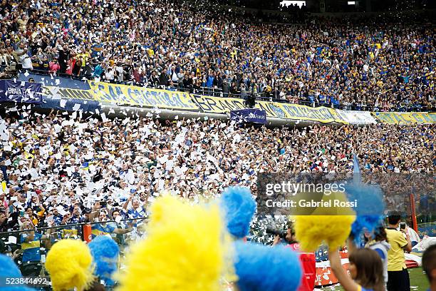 Fans of Boca Juniors cheer for their team before a match between Boca Juniors and River Plate as part of Torneo Transicion 2016 at Alberto J. Armando...