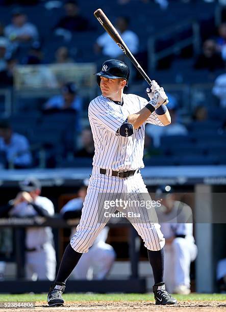 Dustin Ackley of the New York Yankees takes his turn at bat in the ninth inning against the Tampa Bay Rays at Yankee Stadium on April 24, 2016 in the...