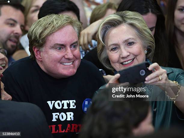 Democratic Presidential candidate Hillary Clinton takes selfies with supporters at a campaign rally on April 24, 2016 in Bridgeport, Connecticut....