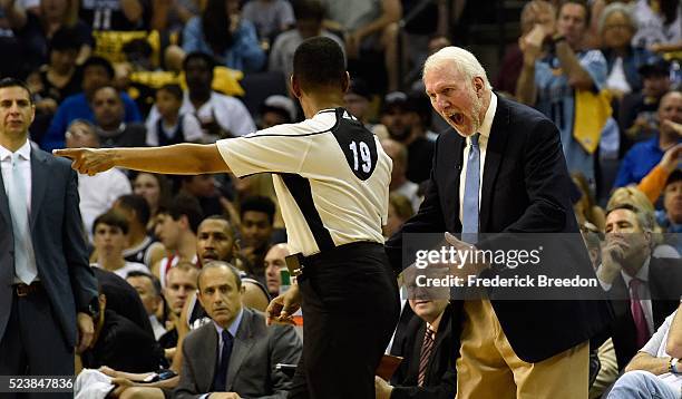 Head coach Gregg Popovich of the San Antonio Spurs yells at an official during the first half of Game Four against the Memphis Grizzlies of the First...