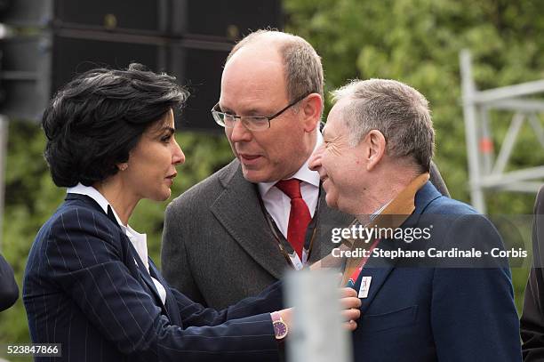 Rachida Dati, Prince Albert II of Monaco and Jean Todt attend the 2016 FIA Formula E Championship : Paris E Prix, on April 23, 2016 in Paris, France.