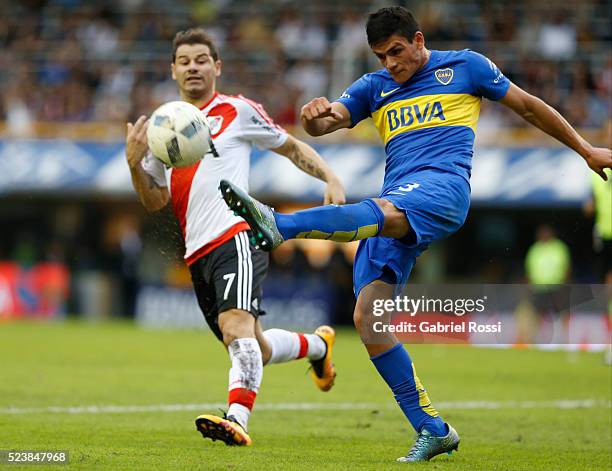 Jonathan Silva of Boca Juniors kicks the ball during a match between Boca Juniors and River Plate as part of Torneo Transicion 2016 at Alberto J....