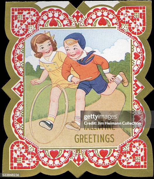 Illustration for a die-cut 1930s Valentine's Day card featuring young boy and girl hoop rolling.