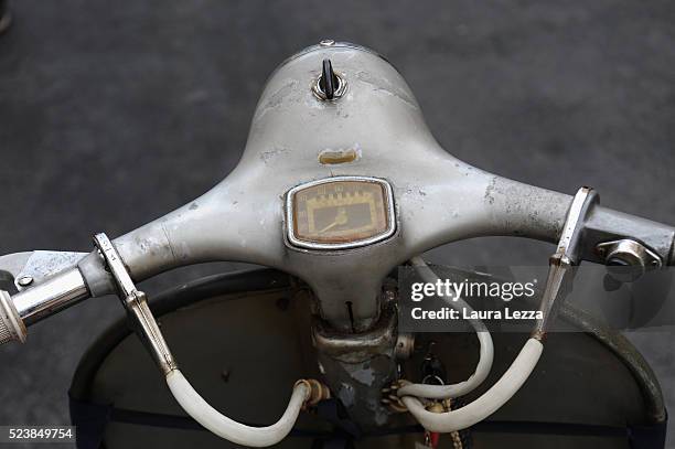 Vespa dating back to 1955 is displayed during the exhibition for the celebration of 70 years of the Vespa scooter in the Piaggio museum on April 24,...