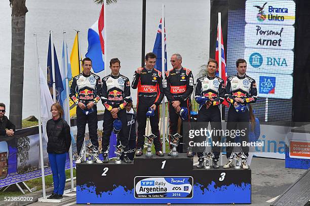 Hayden Paddon of New Zealand and John Kennard of New Zealand celebrate their victory during Day Three of the WRC Argentina on April 24, 2016 in Villa...