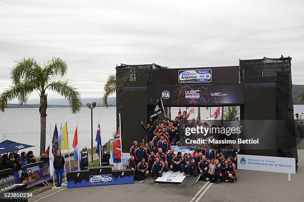 Hayden Paddon of New Zealand and John Kennard of New Zealand celebrate their victory during Day Three of the WRC Argentina on April 24, 2016 in Villa...