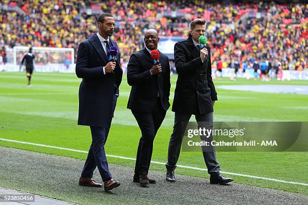 Rio Ferdinand, Ian Wright and Jake Humphrey pitchside for BT Sport television before The Emirates FA Cup semi final match between Watford and Crystal...