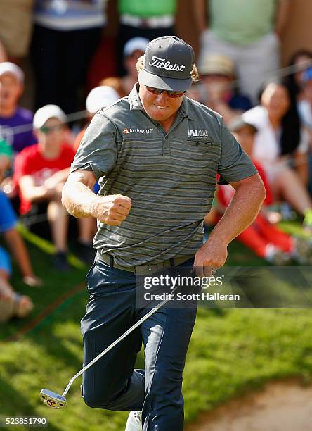 Charley Hoffman reacts to his putt on the 18th hole during the final round of the Valero Texas Open at TPC San Antonio AT&T Oaks Course on April 24,...