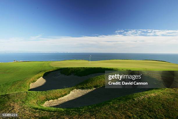 The green on the 130 yard par 3 13th hole at Cape Kidnappers, on January 07 in Hawkes Bay, New Zealand.