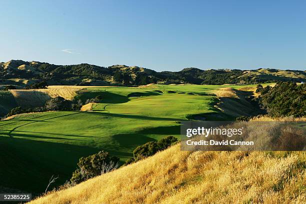 The 500 yard par 5, 16th hole at Cape Kidnappers, on January 07 in Hawkes Bay, New Zealand.