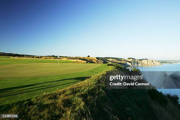 The green on the 650 yard par 5, 15th hole at Cape Kidnappers, on January 07 in Hawkes Bay, New Zealand.